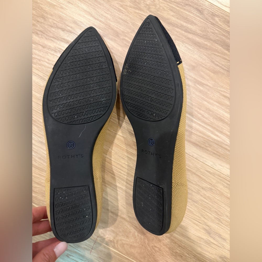 Rothy's Mustard Knit Pointed-Toe Flats with Black Cap and Blue Heel Trim - Picture 2 of 3